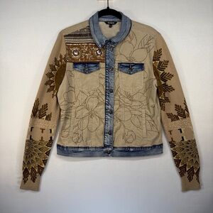 Desigual Size 42 Women's Beige & Denim Embroidered Jean Jacket - Western Style